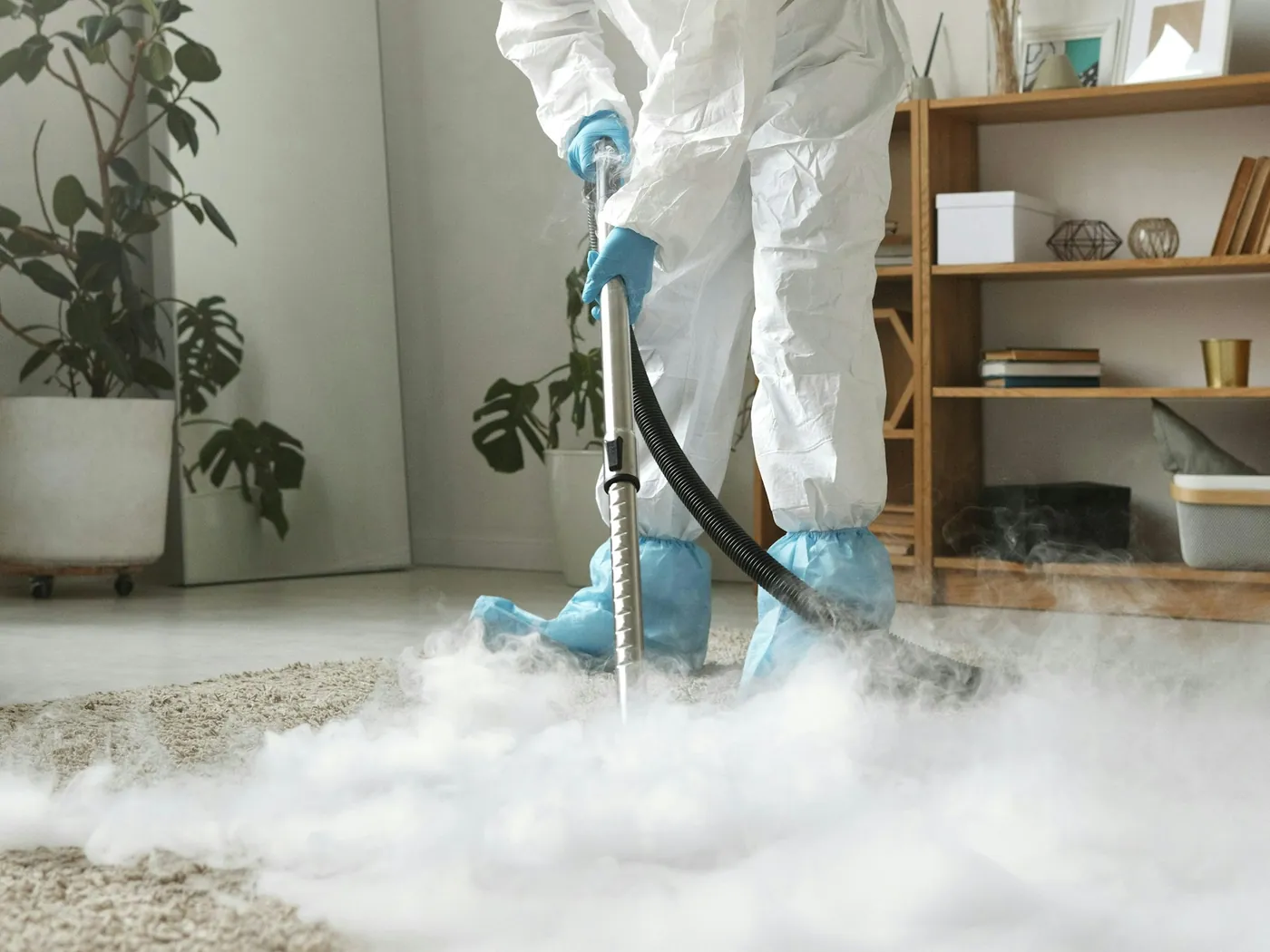 A cleaner in protective overalls steam-cleaning a carpet